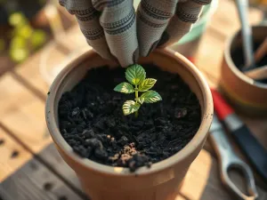Liść rzadkiej monstery variegata w ceramicznej doniczce na tle domowej szklarni w porannym świetle.