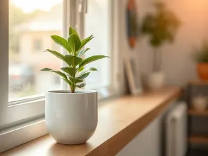 Wężownica w ceramicznej doniczce na drewnianej półce w słonecznym, przytulnym salonie.