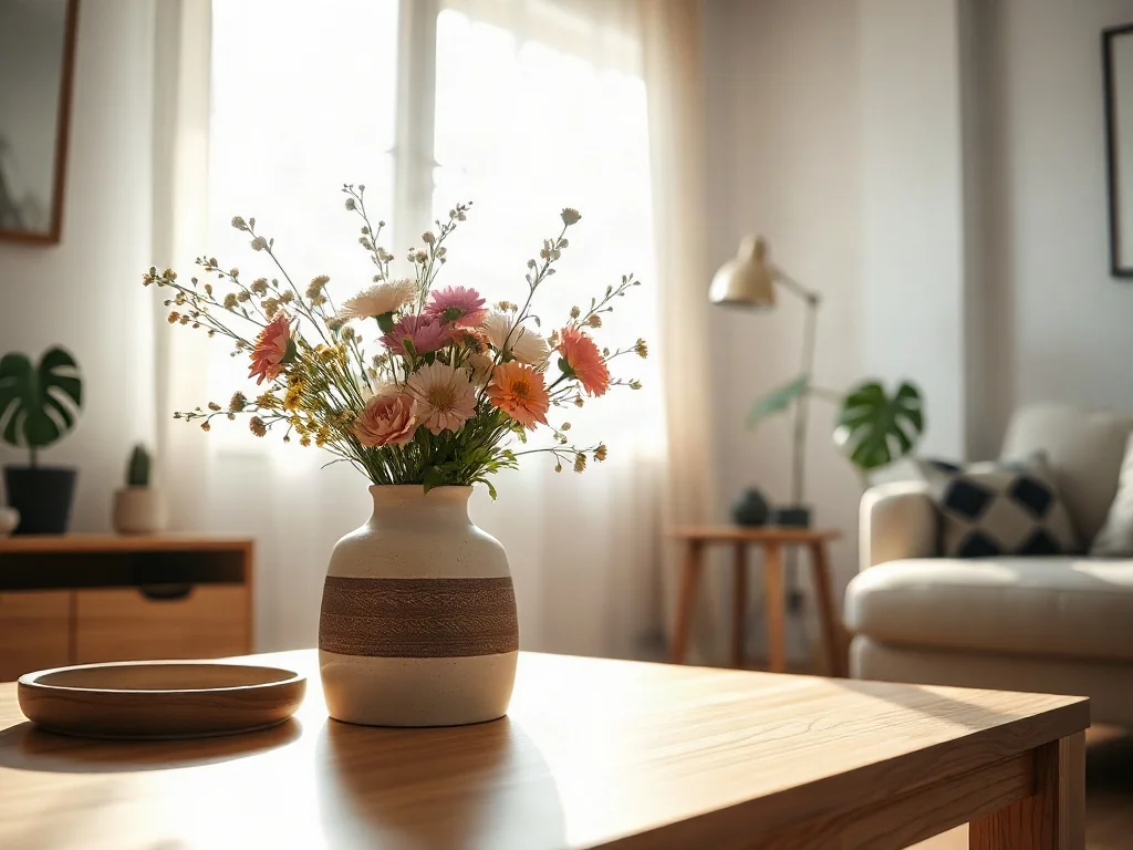 Bukiet świeżych kwiatów w ceramicznym wazonie na drewnianym stoliku w jasnej, minimalistycznej kawalerce.