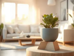 Bukiet świeżych kwiatów w ceramicznym wazonie na drewnianym stoliku w jasnej, minimalistycznej kawalerce.