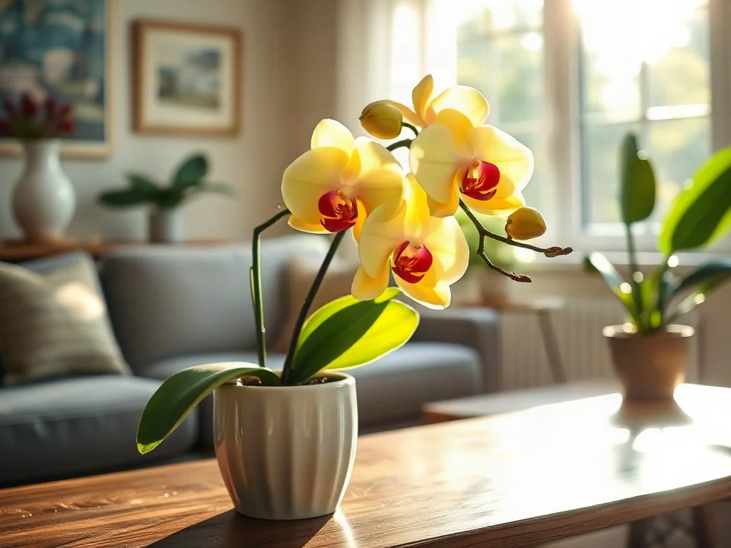 Kwitnący storczyk Phalaenopsis w ceramicznej doniczce na słonecznym drewnianym stole w przytulnym salonie.