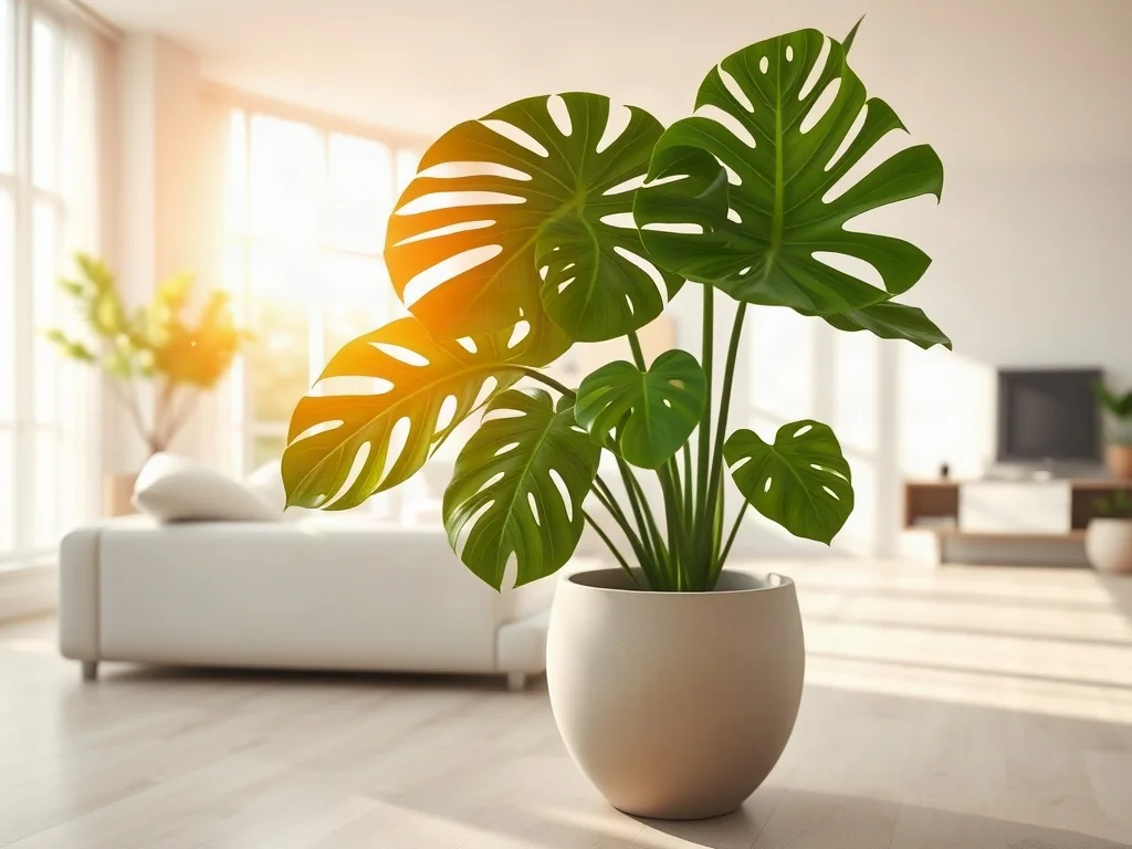 Duża monstera w ceramicznej donicy w jasnym, minimalistycznym salonie, podkreślająca nowoczesny styl wnętrza.
