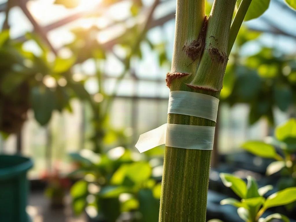 Zbliżenie na precyzyjne szczepienie łodygi rośliny zabezpieczone taśmą ogrodniczą w słonecznej szklarni.