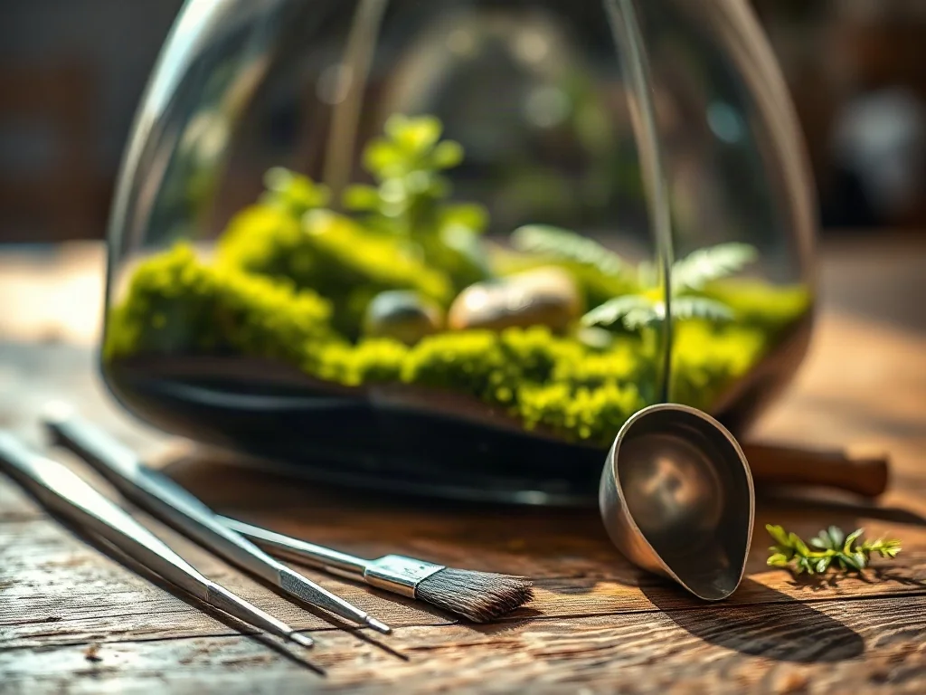 Profesjonalne miniaturowe narzędzia ogrodnicze ułożone na drewnianym stole obok szklanego terrarium z roślinami.