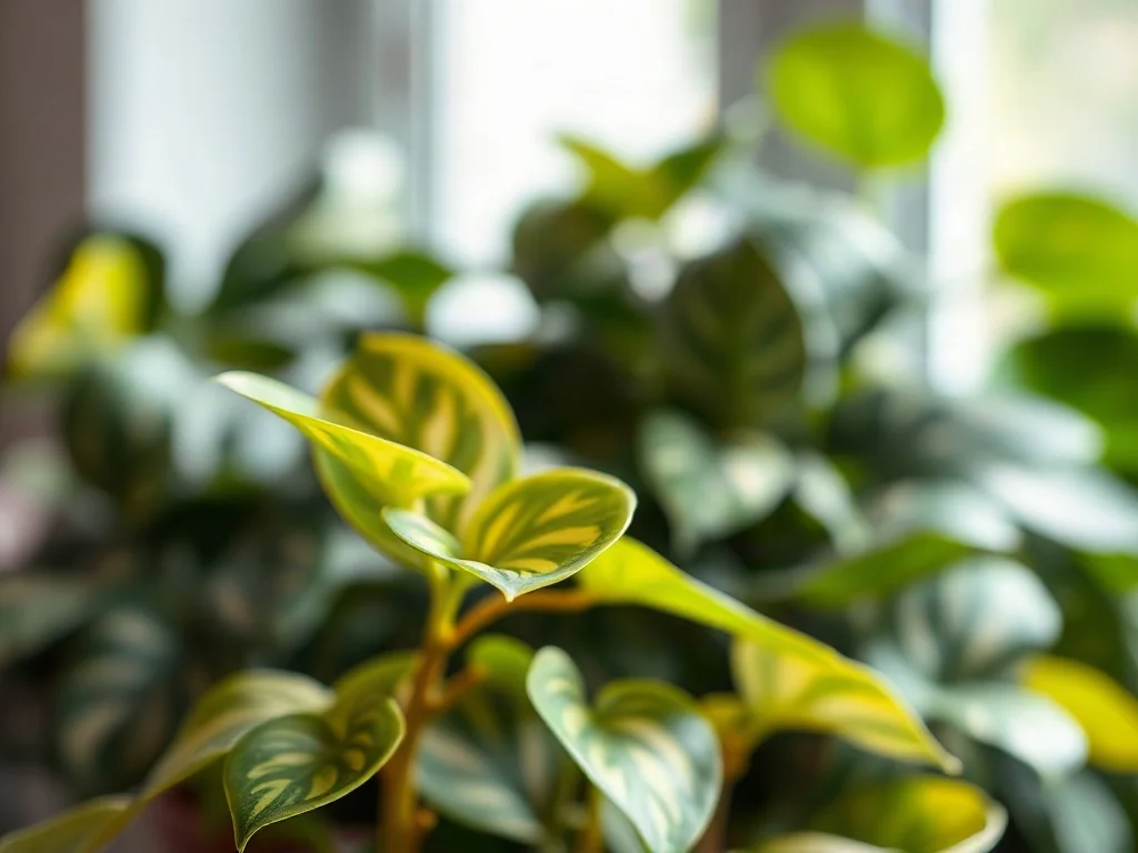 Zbliżenie na liście Epipremnum aureum z widocznym w tle rozmytym Scindapsus pictus, ukazujące różnice w ubarwieniu roślin.