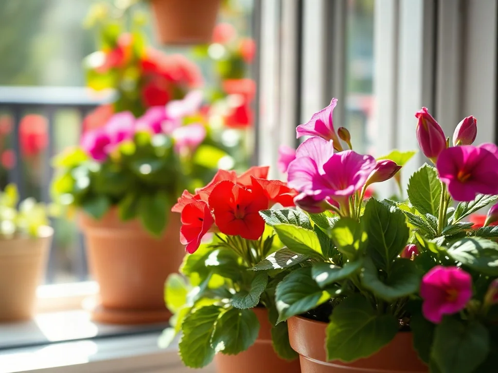 Zdrowe pelargonie i petunie w doniczkach na słonecznym parapecie, z rozmytym widokiem na zielony balkon w tle.