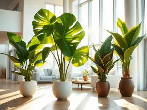 Rzadka, pstrolistna monstera w designerskiej donicy na drewnianym postumencie, wyeksponowana w jasnym, minimalistycznym wnętrzu.