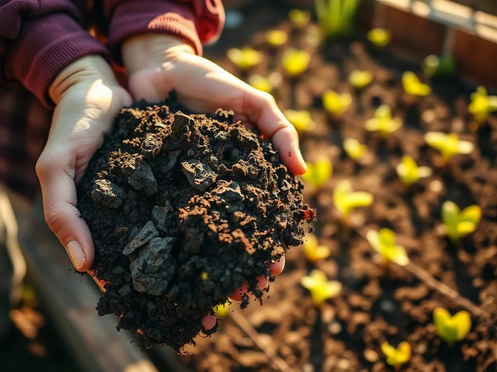 Dłonie ogrodnika trzymające żyzną, pulchną glebę z kompostem i perlitem, gotową do sadzenia roślin.