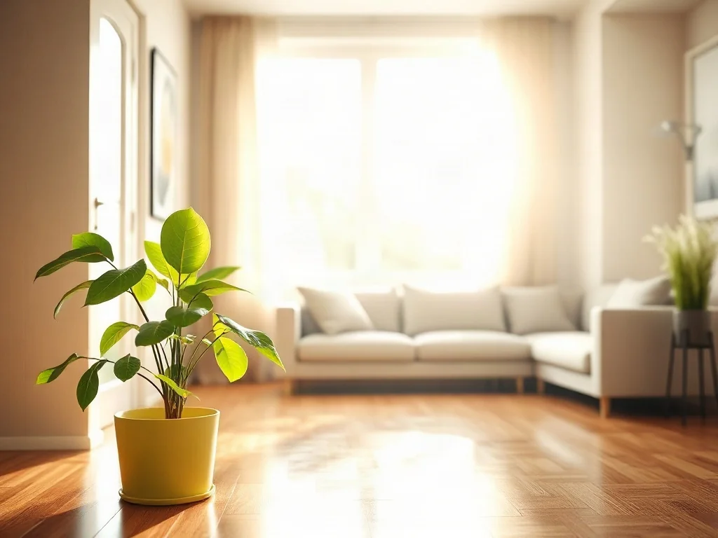 Harmonijny salon w stylu feng shui z bujną rośliną doniczkową w promieniach porannego słońca, tworzącą spokojną atmosferę.