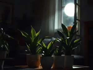 Kolekcja egzotycznych roślin cieniolubnych w minimalistycznych donicach, ustawionych w przytulnym, słabo oświetlonym salonie.