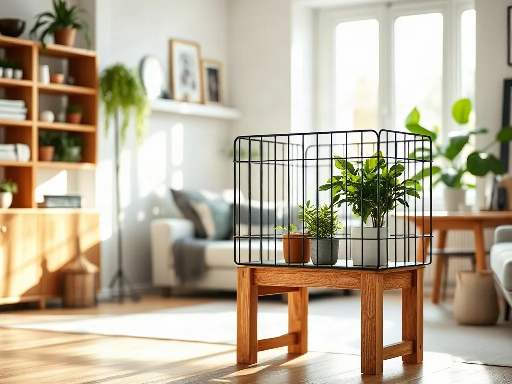 Minimalistyczny drewniany kwietnik z ozdobną metalową barierką, która chroni roślinę przed dzieckiem w nowoczesnym salonie.