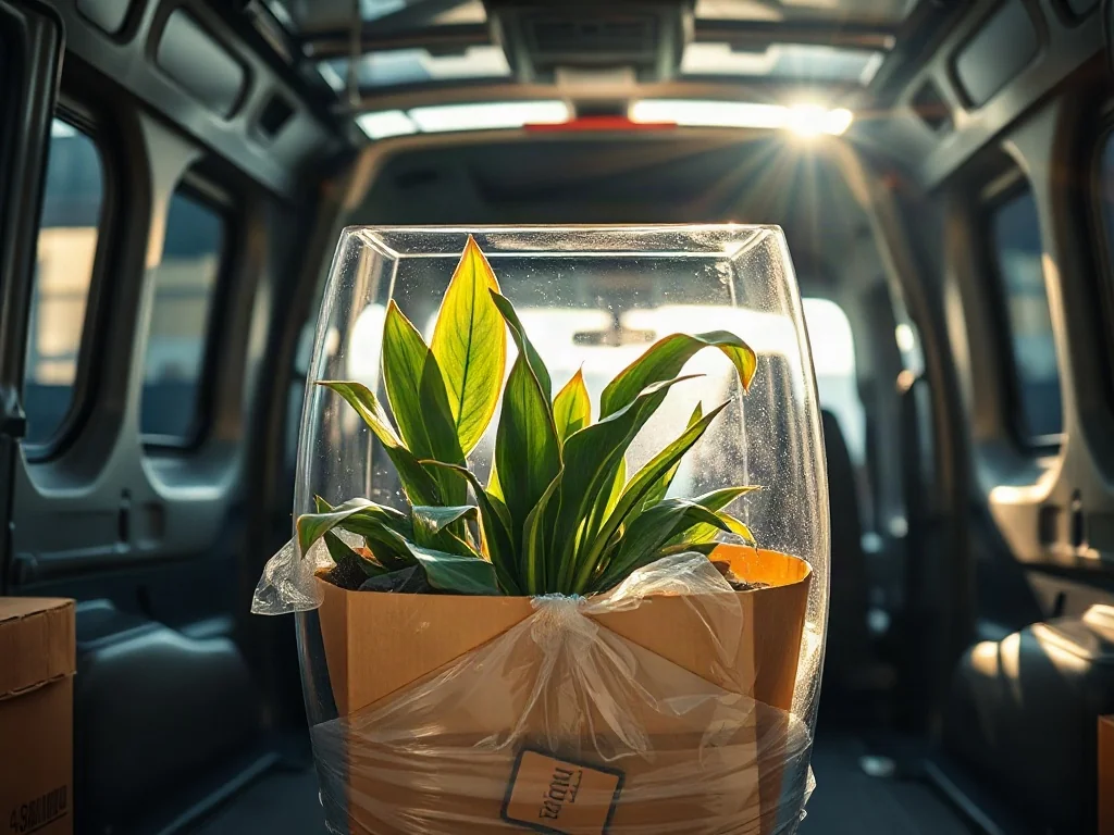 Szklane terrarium z egzotycznymi roślinami, zabezpieczone folią bąbelkową i kartonem, gotowe do bezpiecznego transportu autem.