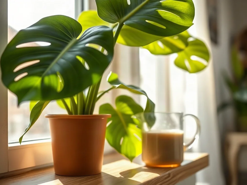 Zdrowa monstera w doniczce na parapecie obok szklanej konewki z nawozem w płynie, gotowa do zasilenia rośliny.