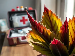 Zbliżenie na liście difenbachii i filodendrona, roślin o właściwościach toksycznych, ustawione obok siebie na stole.