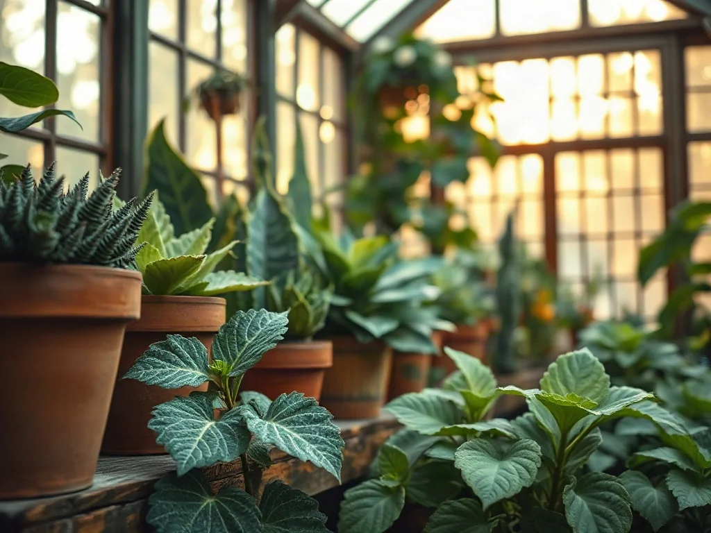 Kolekcja rzadkich, zabytkowych roślin doniczkowych ustawionych na rustykalnej półce w słonecznej szklarni.