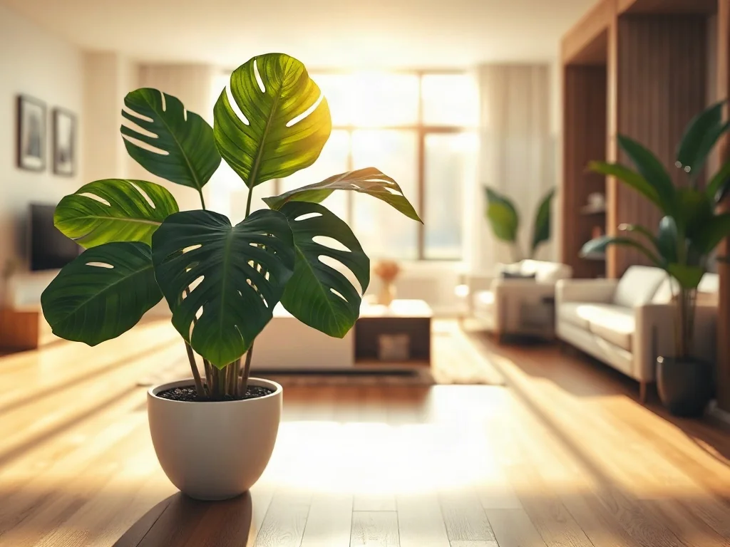 Duża monstera w ceramicznej donicy pełni funkcję naturalnej przegrody w nowoczesnym salonie, tworząc przytulny podział wnętrza.