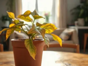 Szczepka rośliny w szklanym słoiku z wodą na parapecie, w tle dorosła monstera w doniczce.