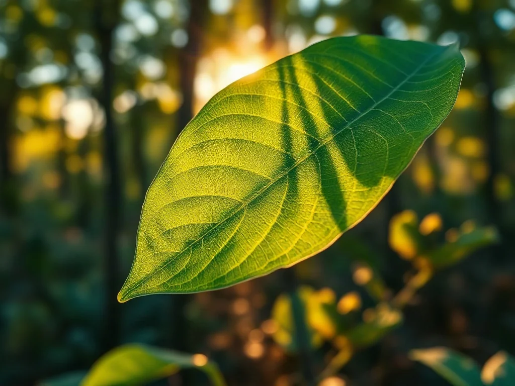 Zbliżenie na zielony liść z widocznym użyłkowaniem, oświetlony promieniami słońca, co ilustruje proces fotosyntezy.