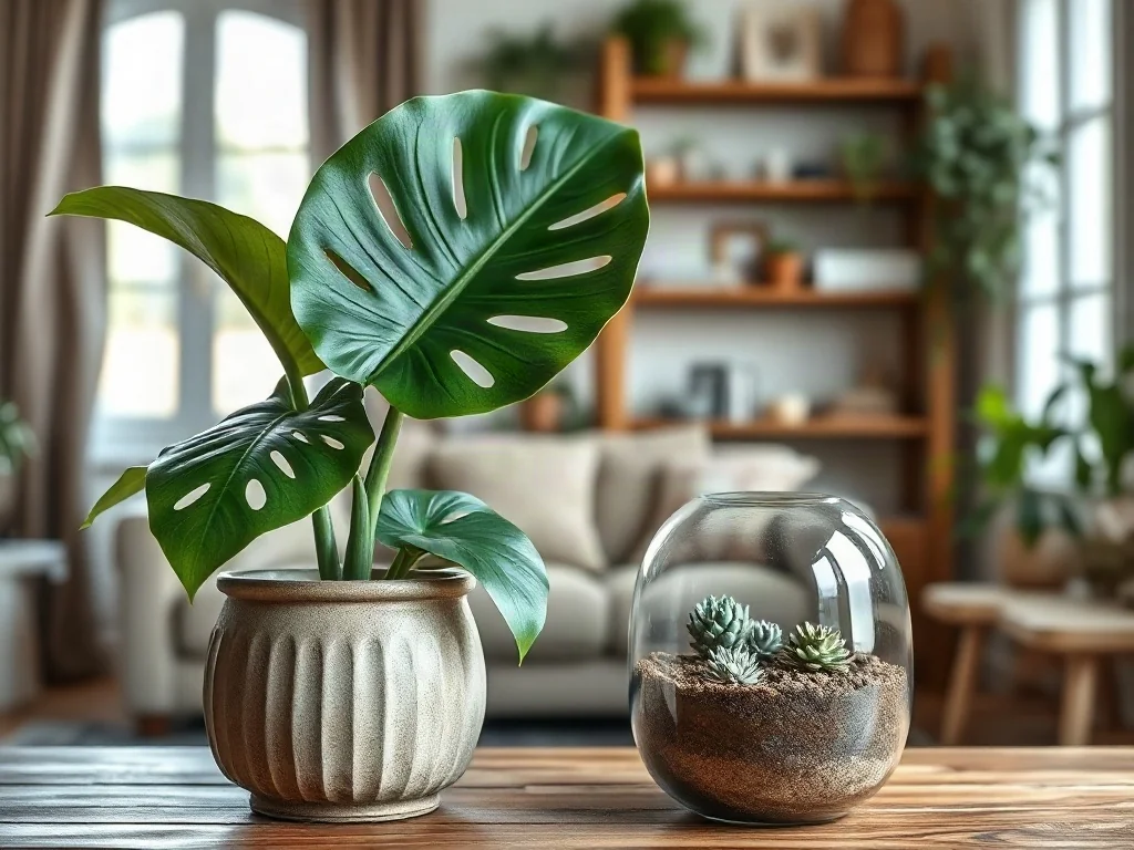 Zestawienie klasycznej monstery w ceramicznej donicy z nowoczesnym szklanym terrarium z sukulentami w przytulnym wnętrzu.