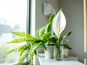 Zdrowa monstera w doniczce na parapecie obok szklanej konewki z nawozem w płynie, gotowa do zasilenia rośliny.