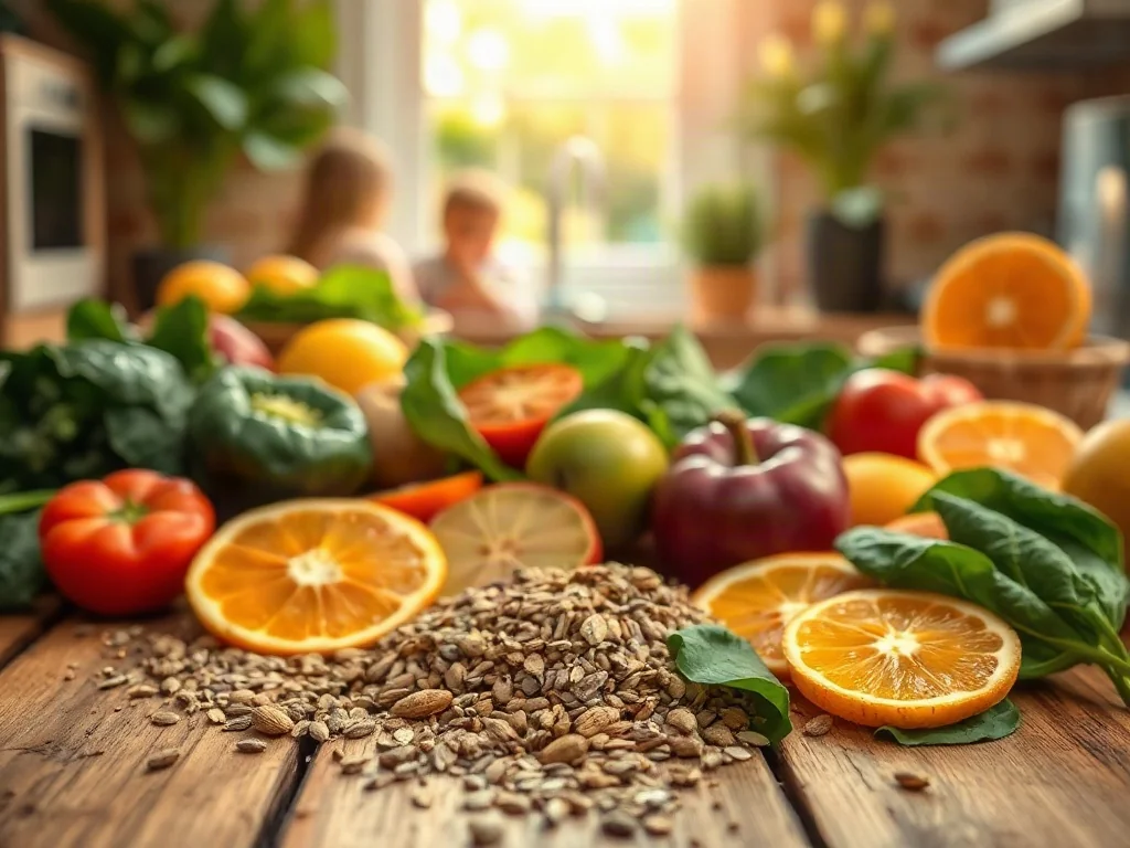 Świeże warzywa, owoce i ziarna na drewnianym stole, symbolizujące zdrową dietę bogatą w niezbędne składniki odżywcze.