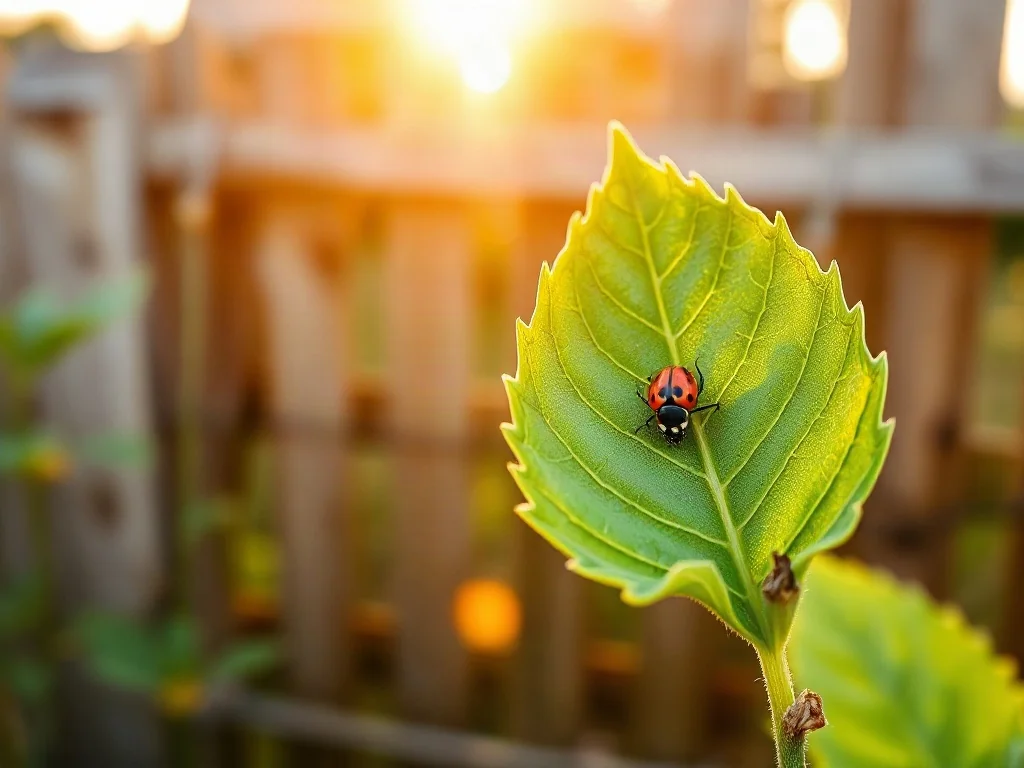 Biedronka na liściu rośliny ogrodowej, symbolizująca naturalną metodę ochrony ogrodu przed szkodnikami.