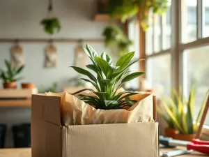 Szklane terrarium z egzotycznymi roślinami, zabezpieczone folią bąbelkową i kartonem, gotowe do bezpiecznego transportu autem.