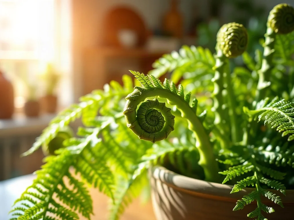 Zbliżenie na rozwijające się młode liście paproci w ceramicznej doniczce, ukazujące detale rośliny w domowym wnętrzu.