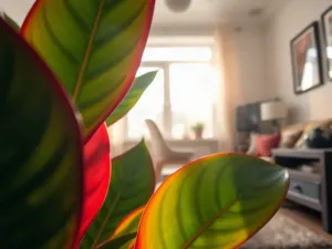 Ozdobne szklane terrarium z miniaturowym lasem, mchem i paprociami, stojące na drewnianym stole w słonecznym pokoju.