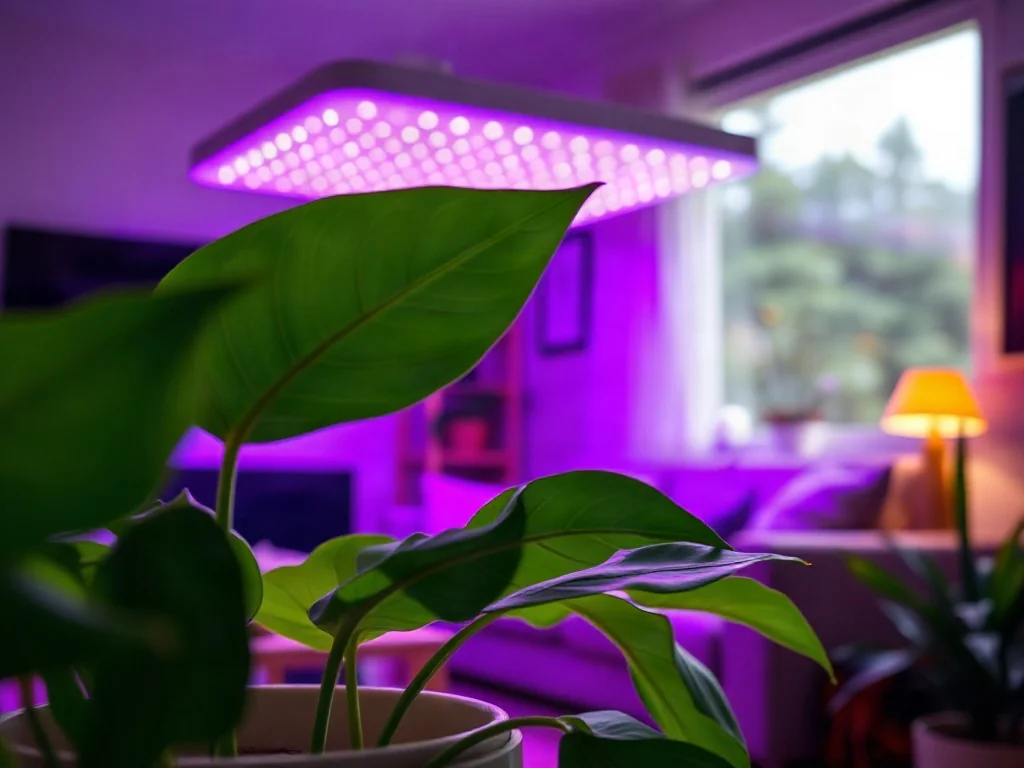 Monstera w ceramicznej donicy oświetlona profesjonalną lampą LED typu grow light w przytulnym salonie.