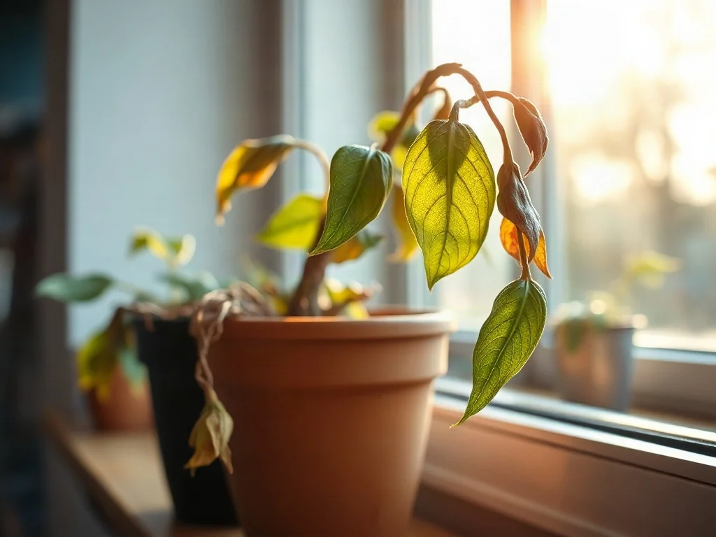 Uschnięta roślina z żółknącymi liśćmi w doniczce na parapecie, wymagająca pielęgnacji i ratunku.