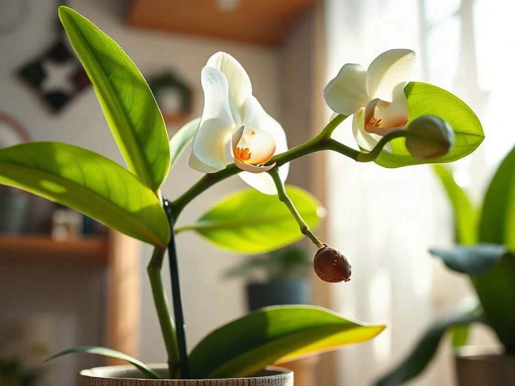Zdrowy storczyk Phalaenopsis w ceramicznej doniczce z widocznymi zielonymi liśćmi i korzeniami powietrznymi po kwitnieniu.