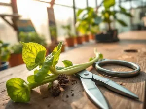 Różnorodne szklane naczynia do terrariów ustawione na drewnianym stole w ogrodzie w promieniach popołudniowego słońca.